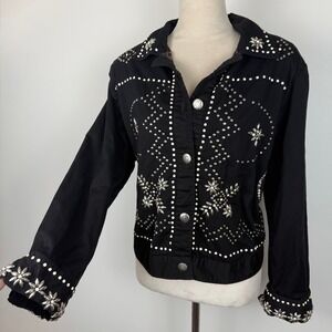 Vintage Anage Black Cotton Studded Rhinestone Leopard Lined Jacket Womens XL